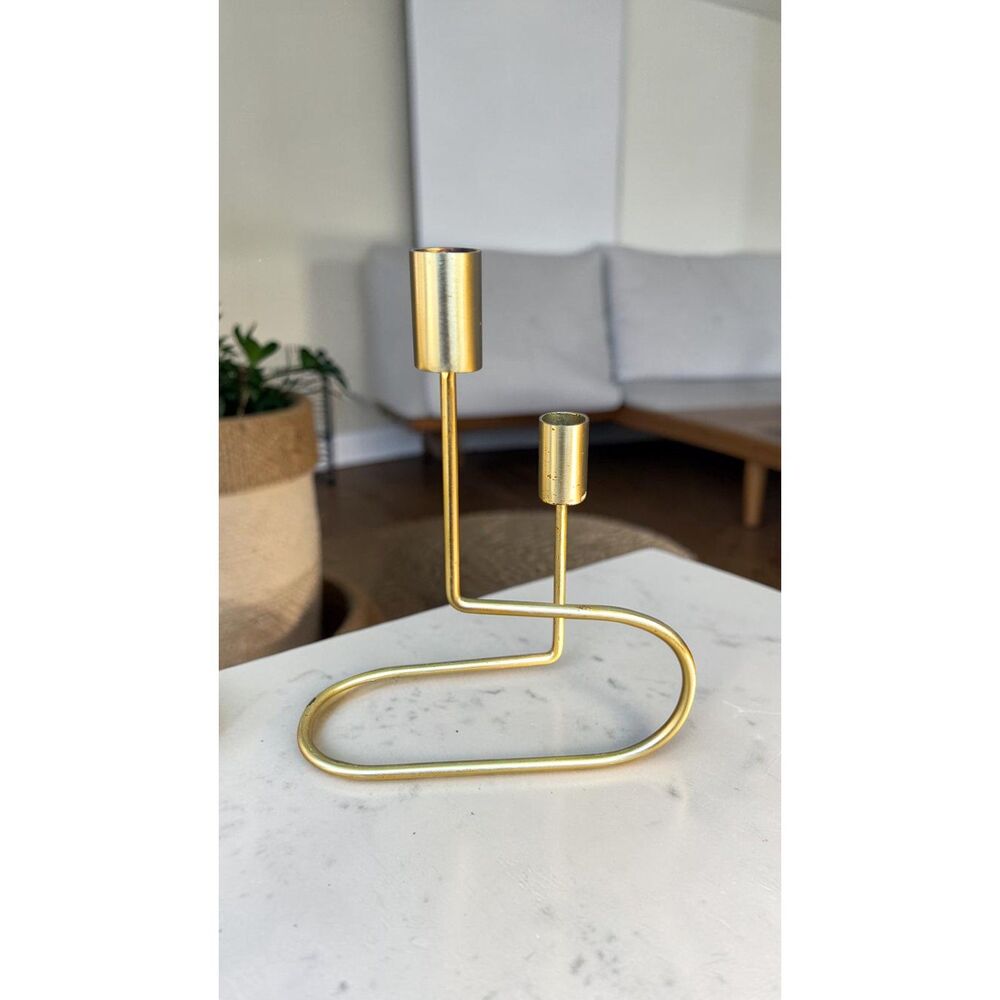 Gold Tone Metal Double Taper Candle Holder Minimalist Abstract Loop Base
